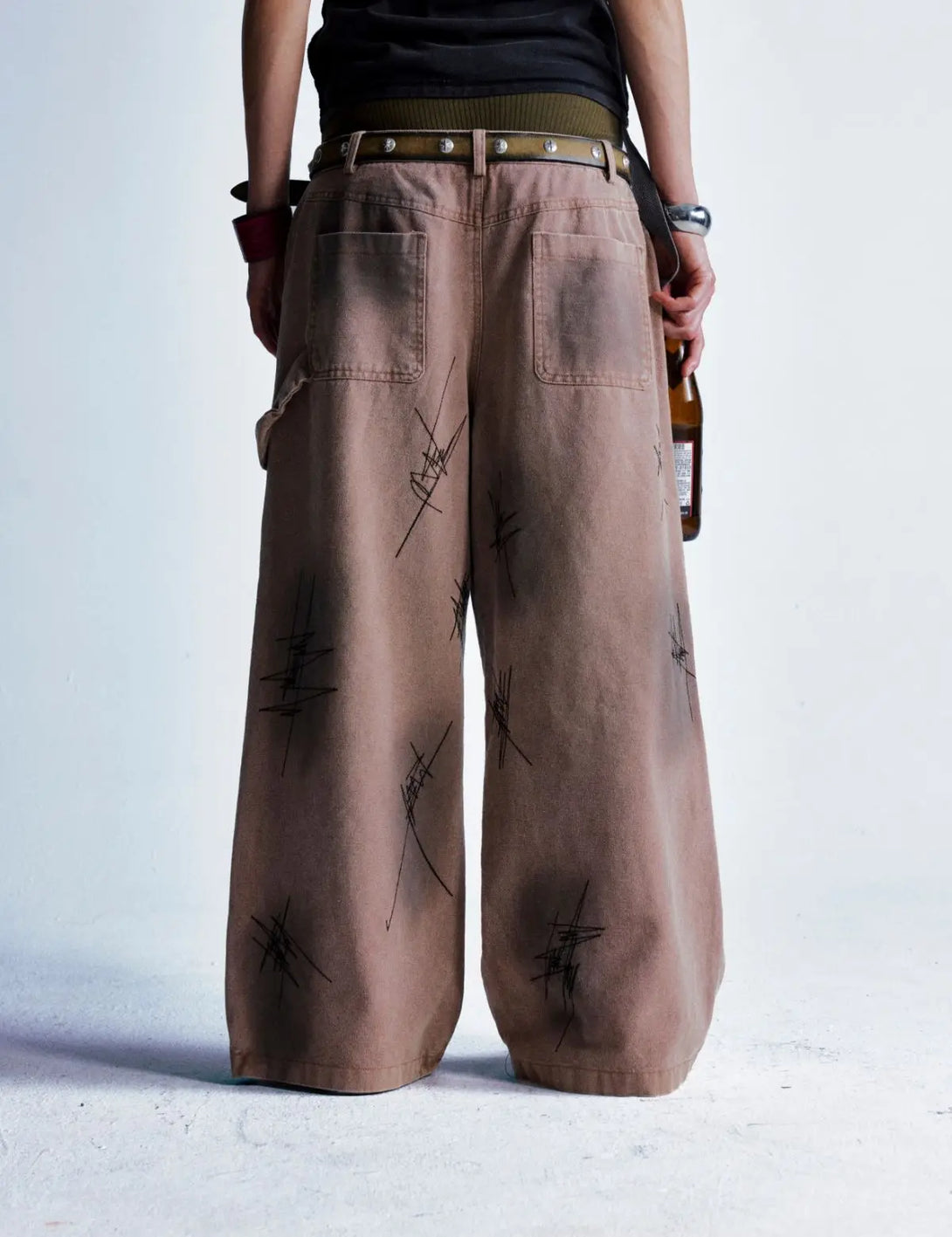 Fullneat Vintage Brown Wide-Leg Patchwork Pants
