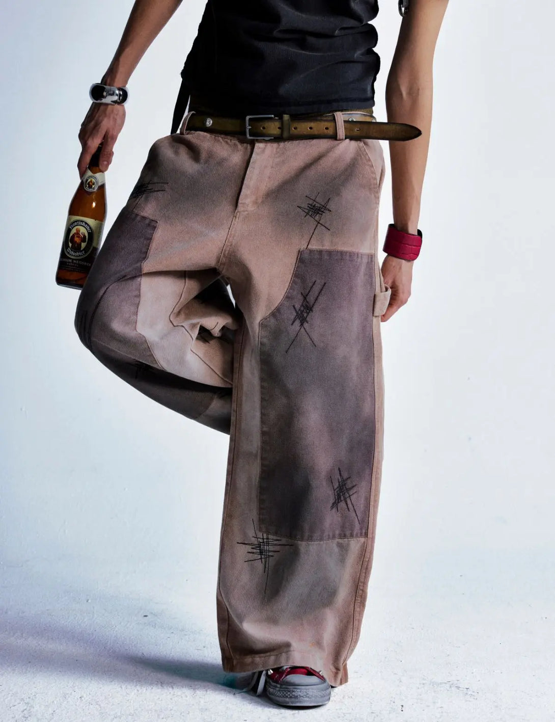Fullneat Vintage Brown Wide-Leg Patchwork Pants