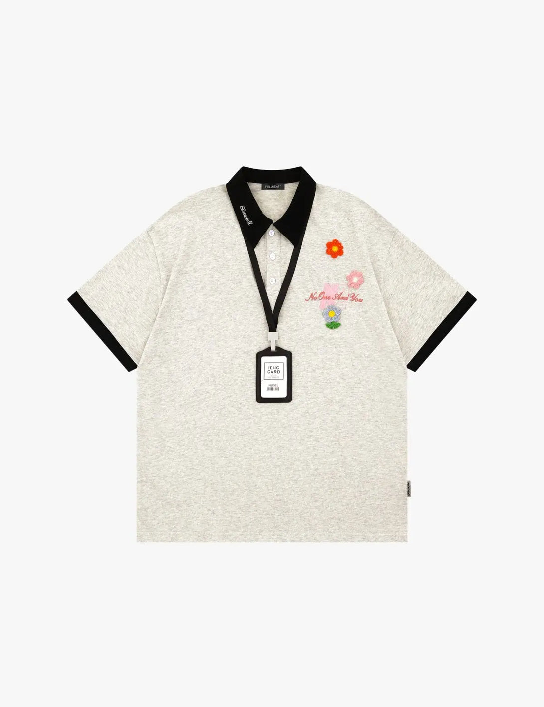 Fullneat Vintage Collar Floral Patch Polo Shirt -  Grey