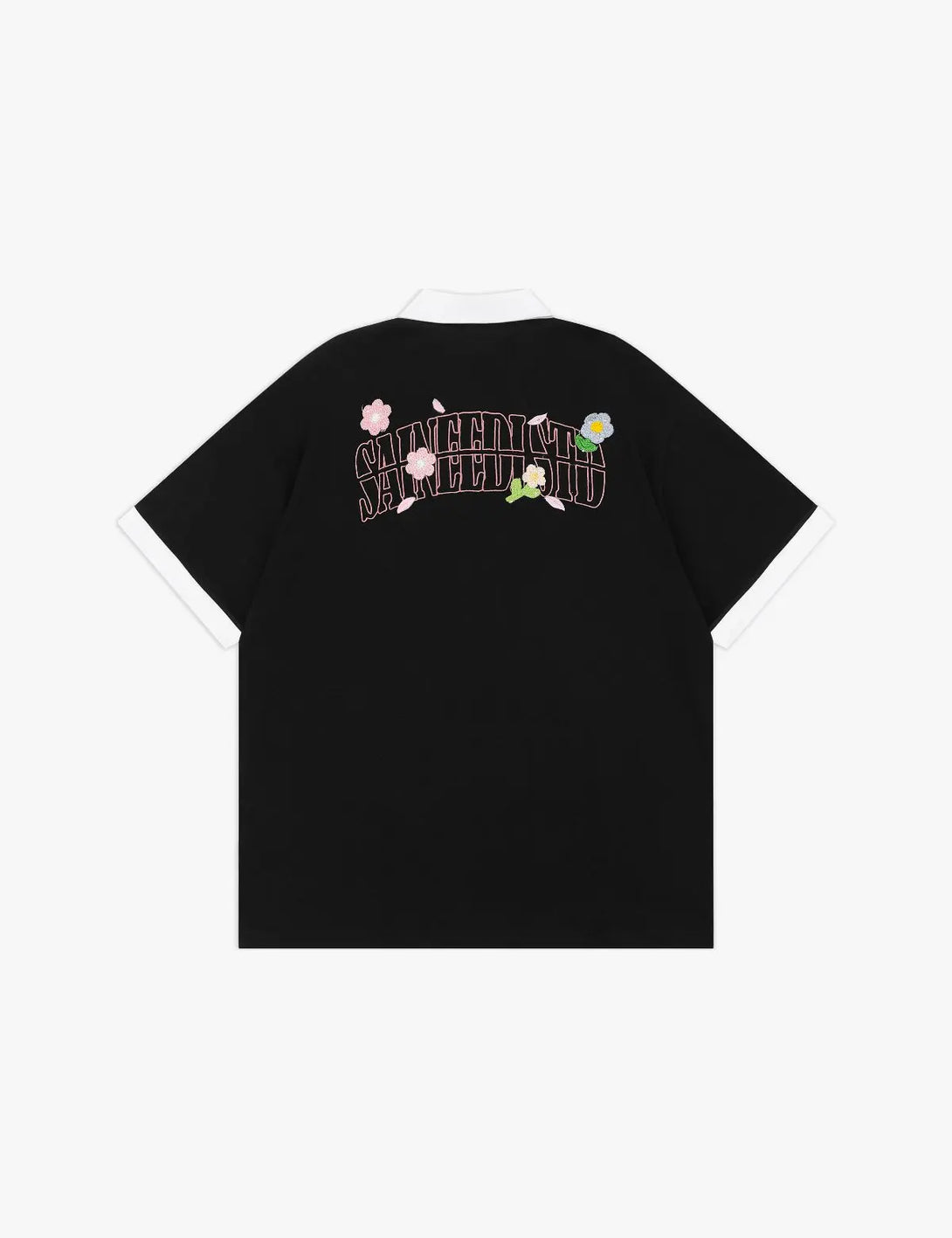 Fullneat Vintage Collar Floral Patch Polo Shirt -  Black