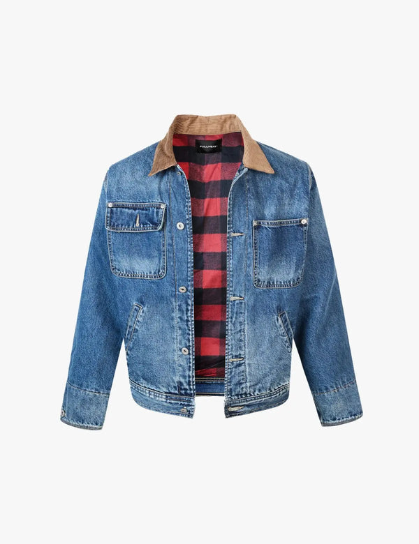 Fullneat Vintage Corduroy Collar Denim Jacket 