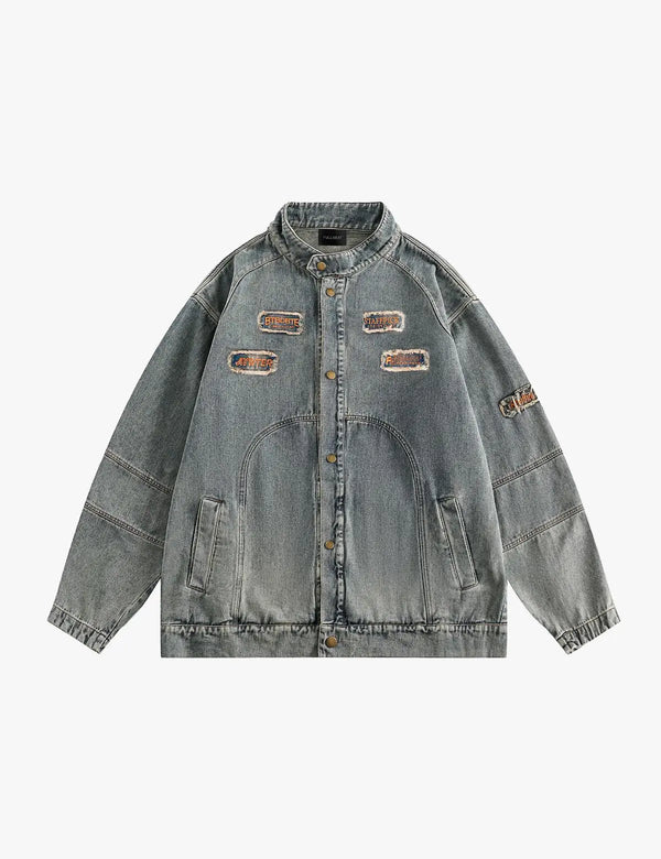 Fullneat Vintage Distressed Patchwork Denim Jacket 