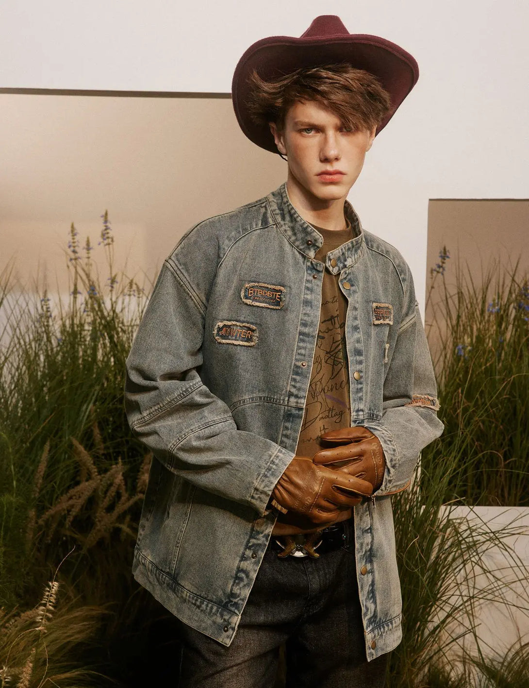Fullneat Vintage Distressed Patchwork Denim Jacket 