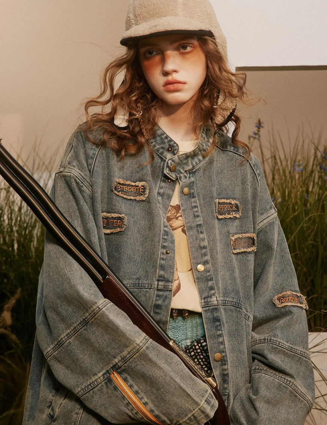 Fullneat Vintage Distressed Patchwork Denim Jacket 