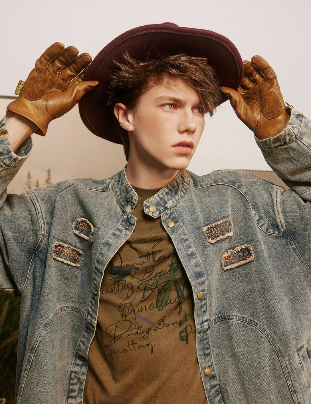 Fullneat Vintage Distressed Patchwork Denim Jacket 