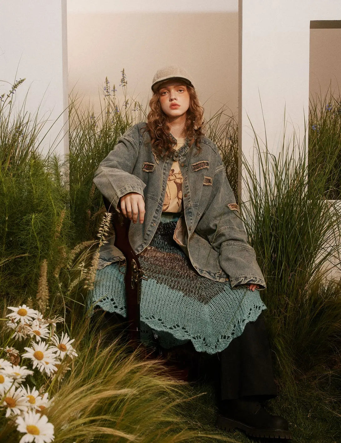 Fullneat Vintage Distressed Patchwork Denim Jacket 