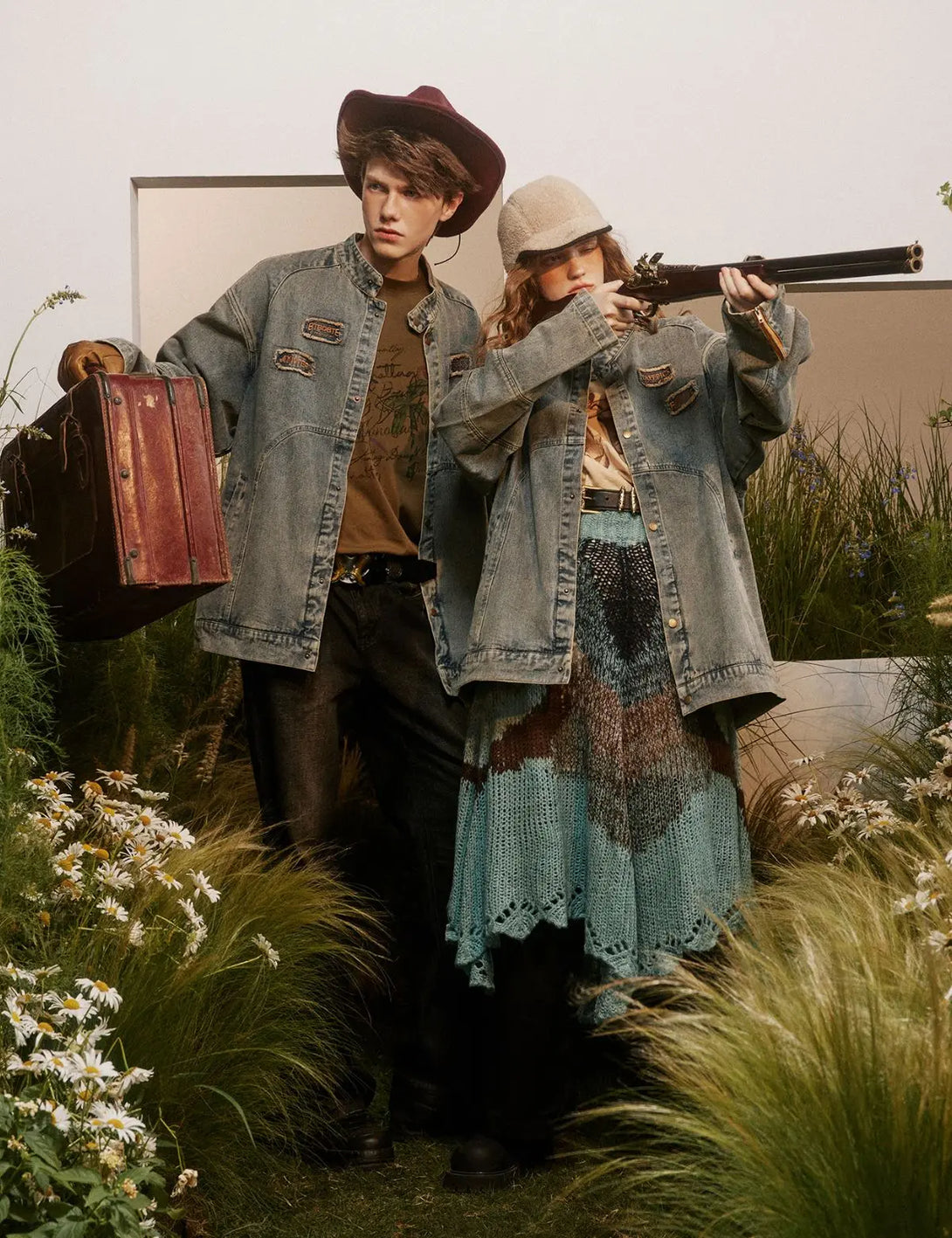 Fullneat Vintage Distressed Patchwork Denim Jacket 