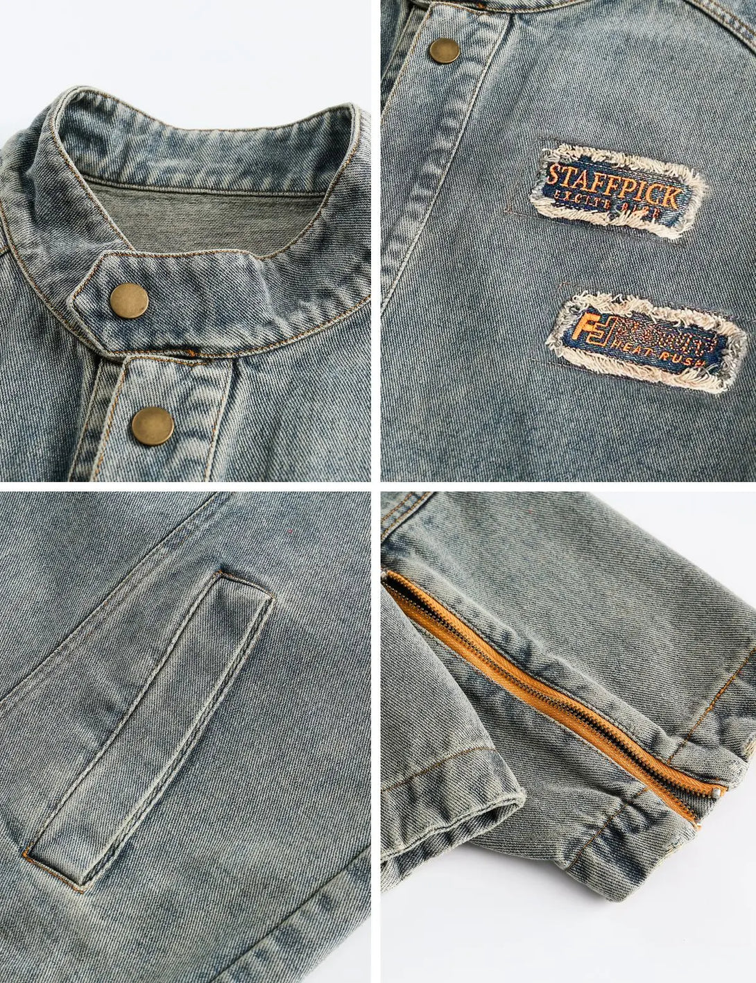 Fullneat Vintage Distressed Patchwork Denim Jacket 