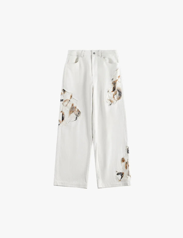 Fullneat Vintage Distressed Patchwork White Pants 