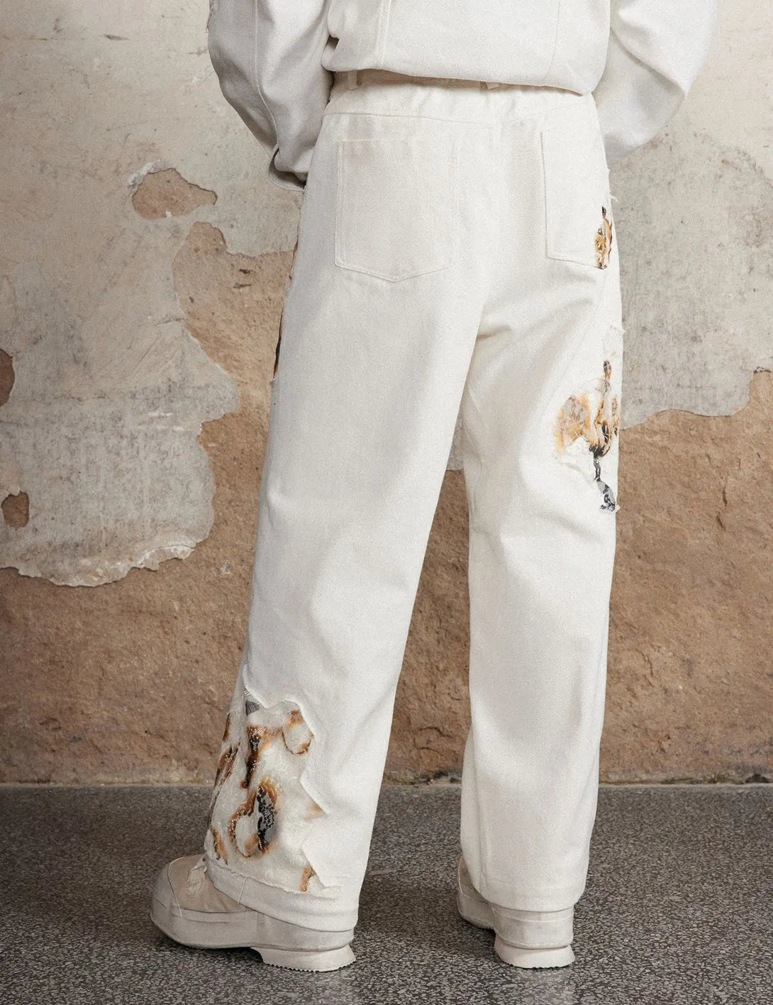 Fullneat Vintage Distressed Patchwork White Pants 