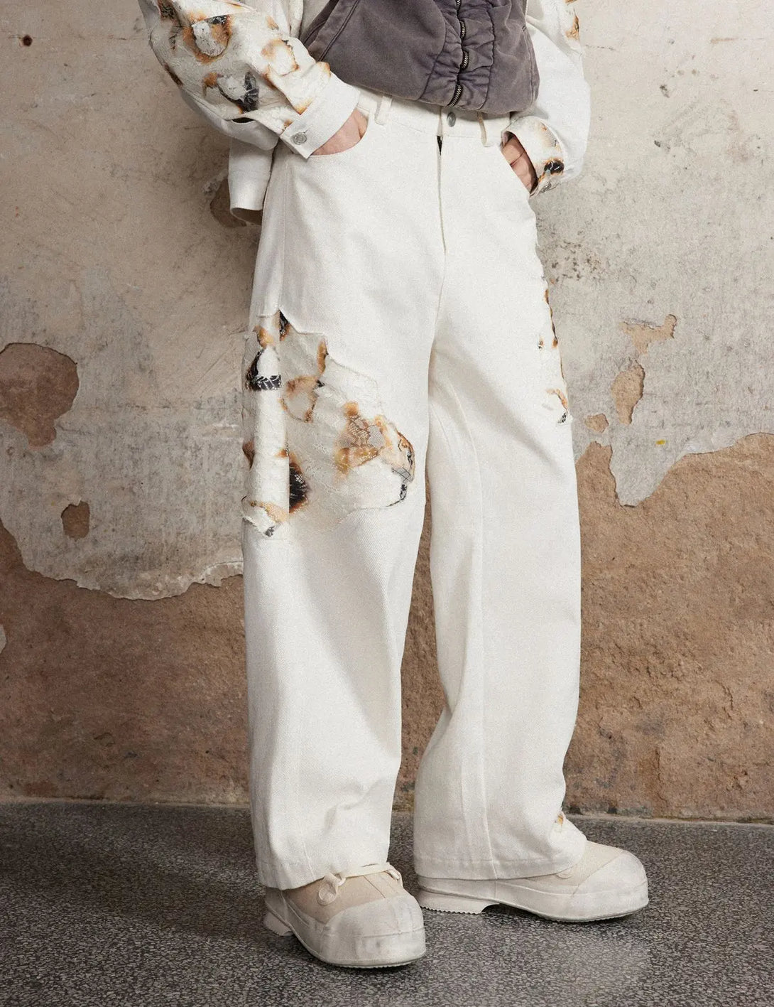 Fullneat Vintage Distressed Patchwork White Pants 