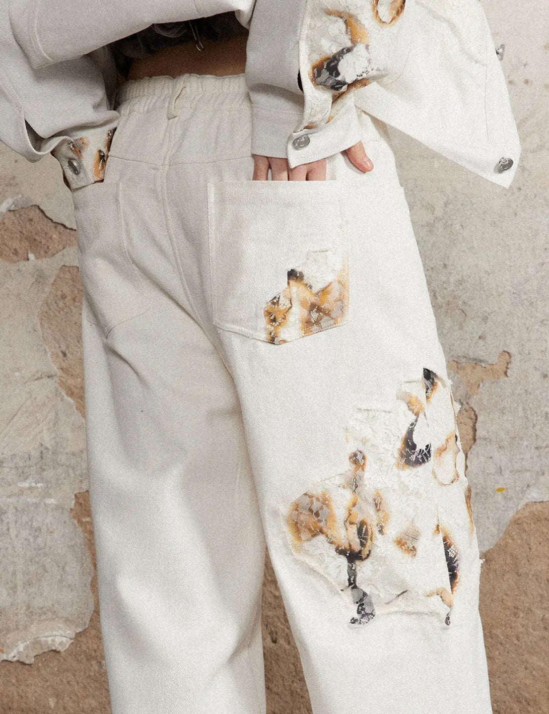 Fullneat Vintage Distressed Patchwork White Pants 