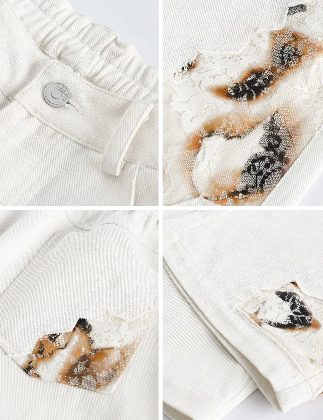 Fullneat Vintage Distressed Patchwork White Pants 