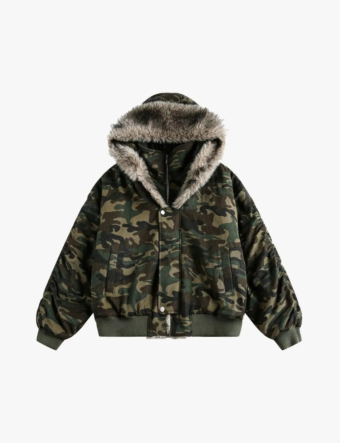 Fullneat Vintage Faux Fur Hood Camo Jacket 