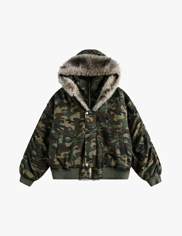 Fullneat Vintage Faux Fur Hood Camo Jacket 