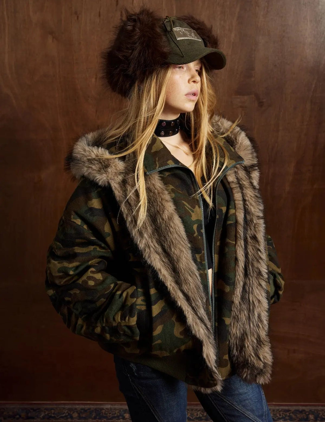 Fullneat Vintage Faux Fur Hood Camo Jacket 