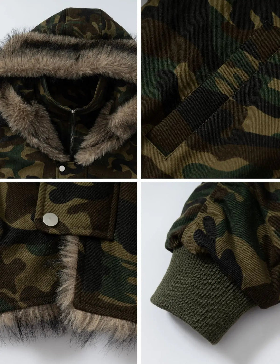 Fullneat Vintage Faux Fur Hood Camo Jacket 