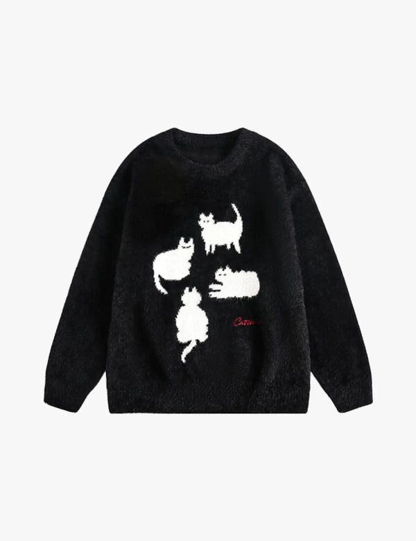 Fullneat Vintage Fuzzy Cat Graphic Sweater 