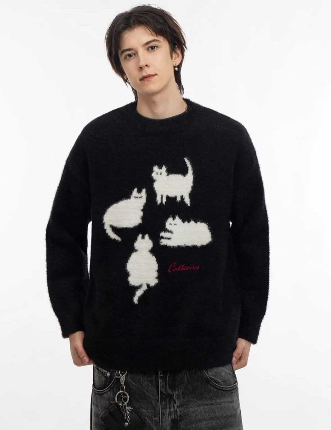 Fullneat Vintage Fuzzy Cat Graphic Sweater 