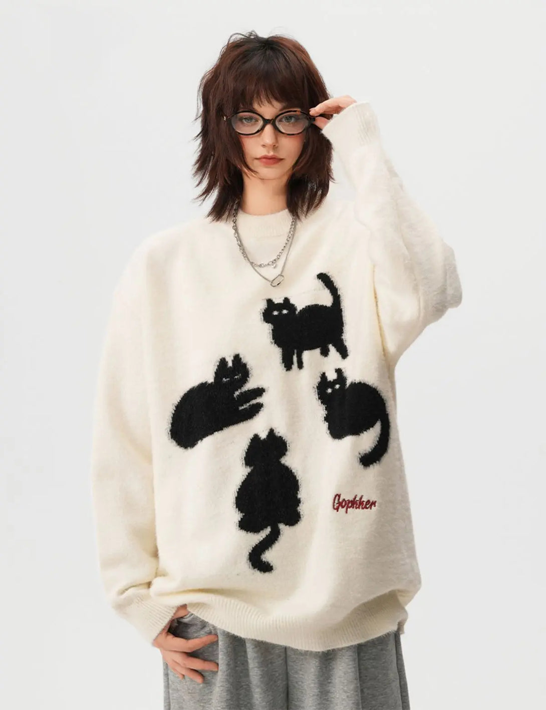 Fullneat Vintage Fuzzy Cat Graphic Sweater 