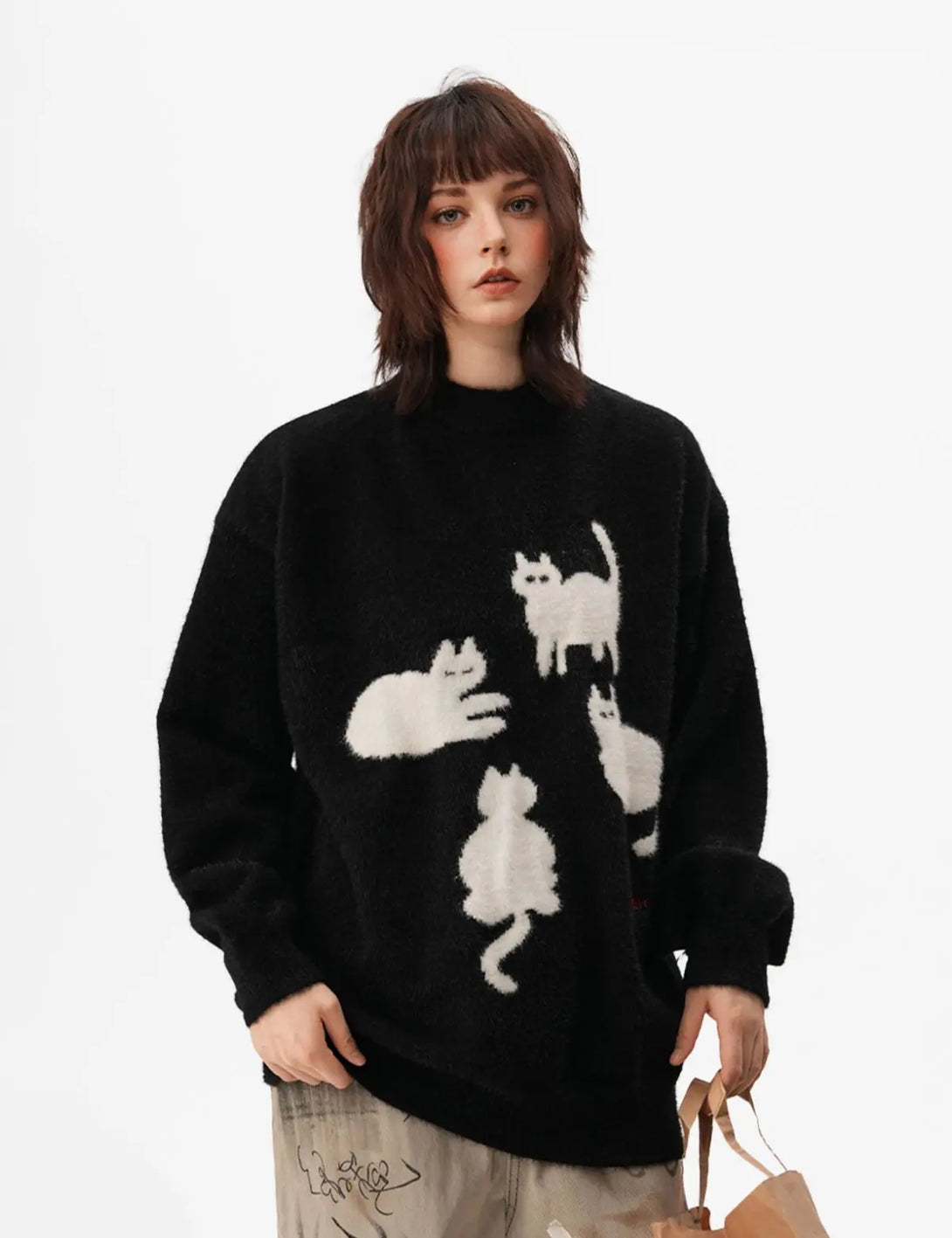 Fullneat Vintage Fuzzy Cat Graphic Sweater 