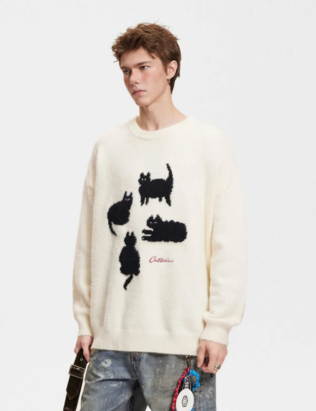 Fullneat Vintage Fuzzy Cat Graphic Sweater 