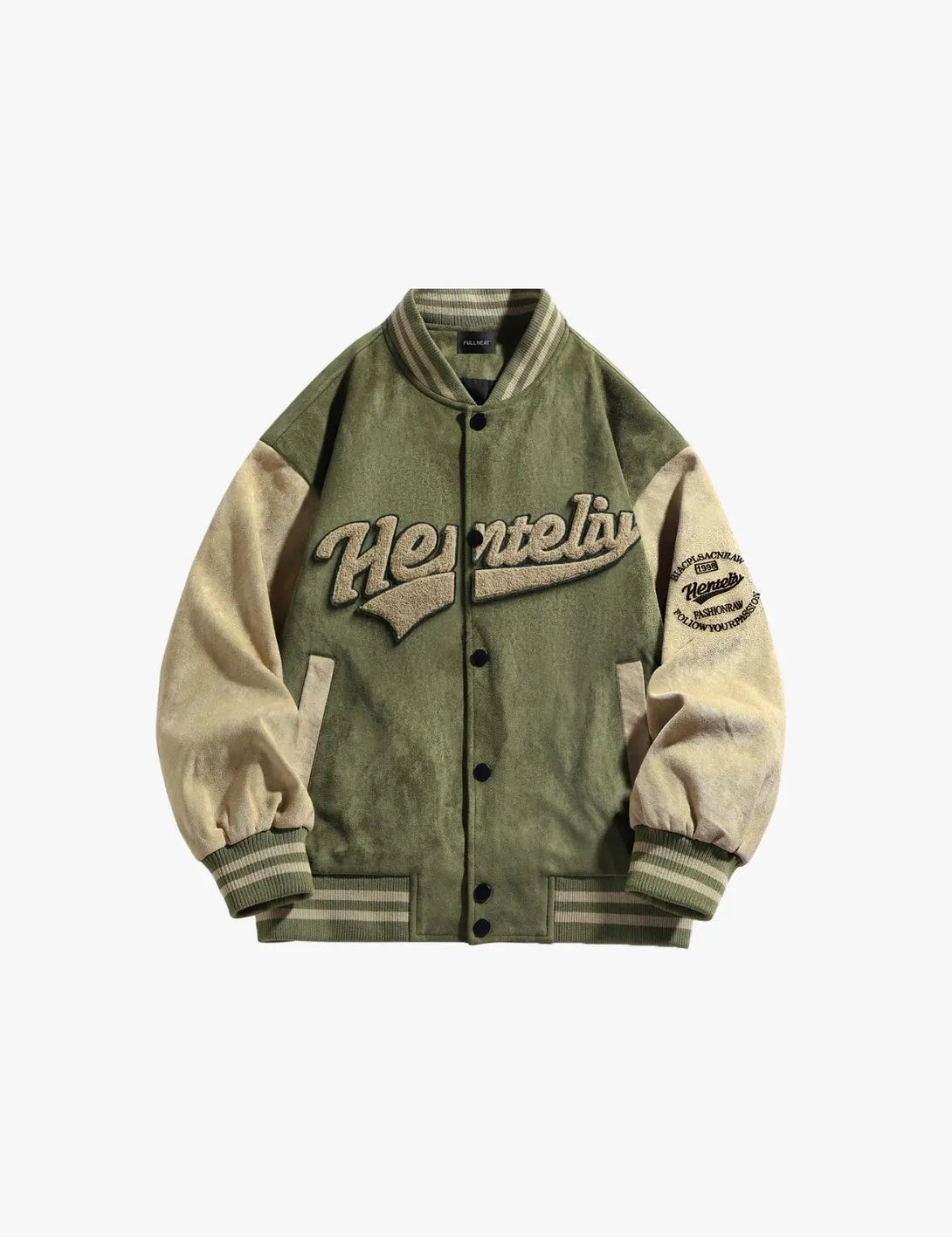 Fullneat Vintage Graphic Baseball Jacket - Military Green Front
