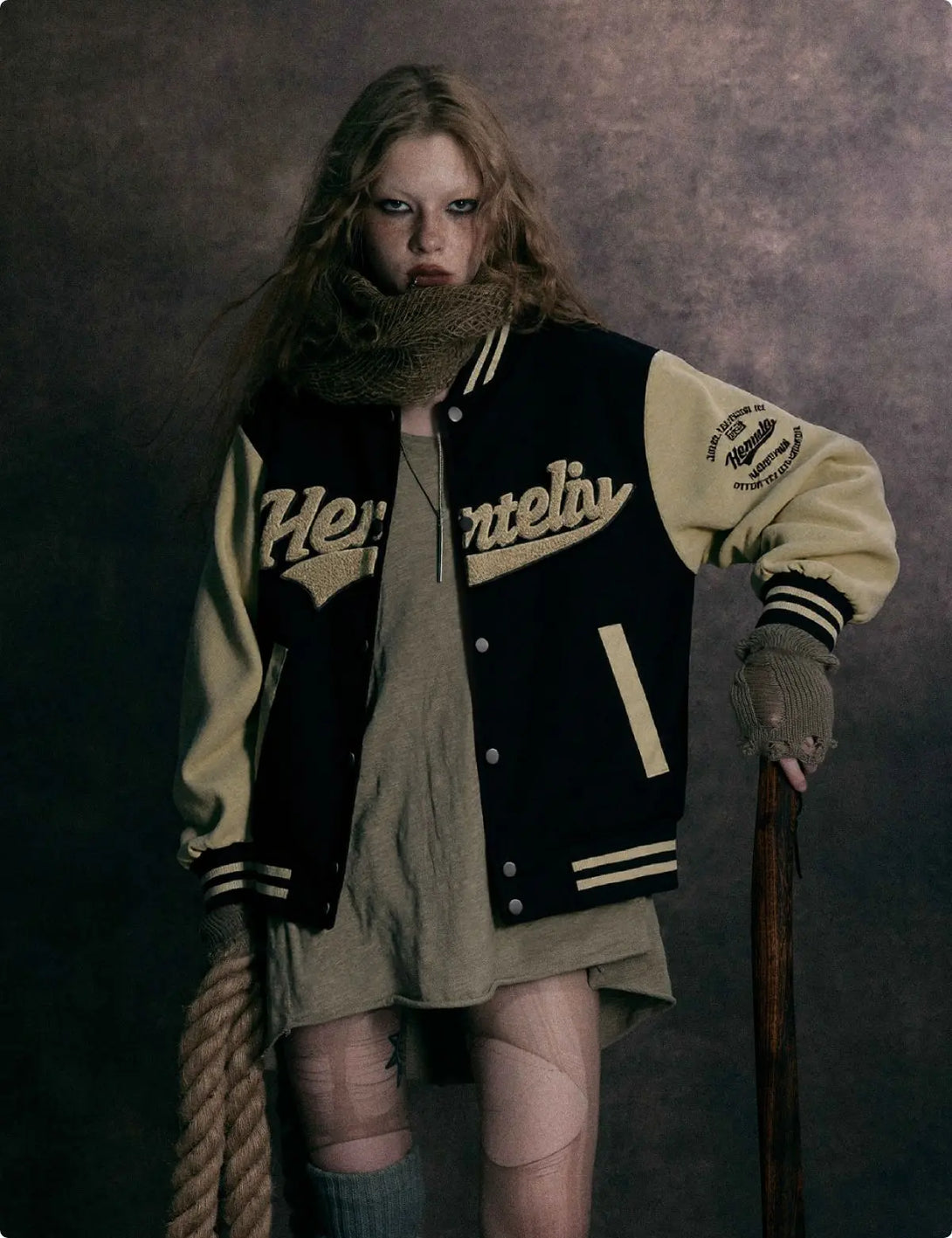 Fullneat Vintage Graphic Baseball Jacket - Black Model Shown