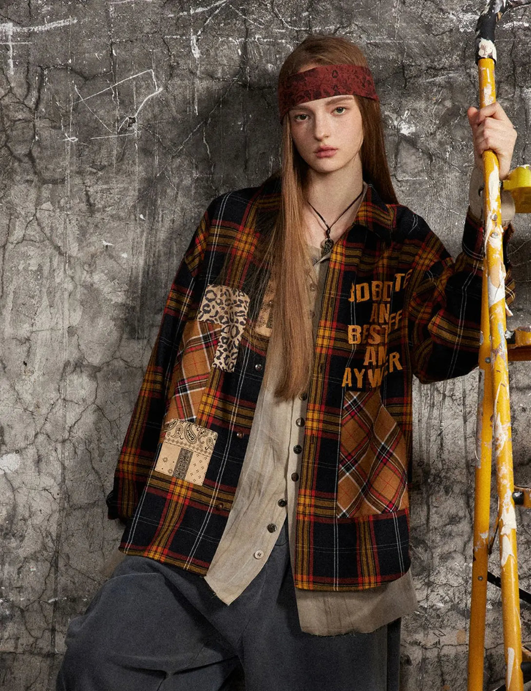 Fullneat Vintage Graphic Patchwork Plaid Shirt 