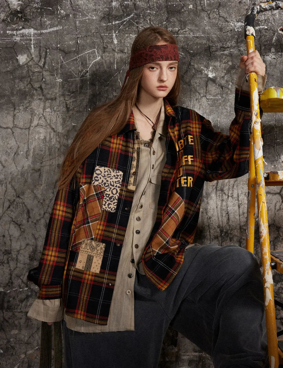 Fullneat Vintage Graphic Patchwork Plaid Shirt 