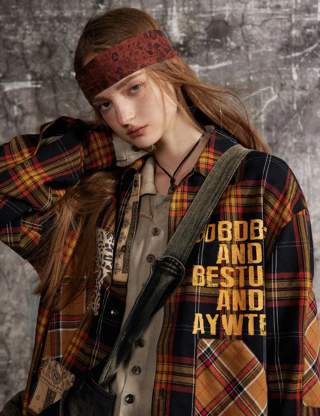 Fullneat Vintage Graphic Patchwork Plaid Shirt 