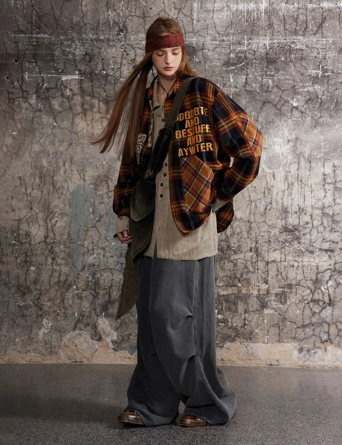 Fullneat Vintage Graphic Patchwork Plaid Shirt 