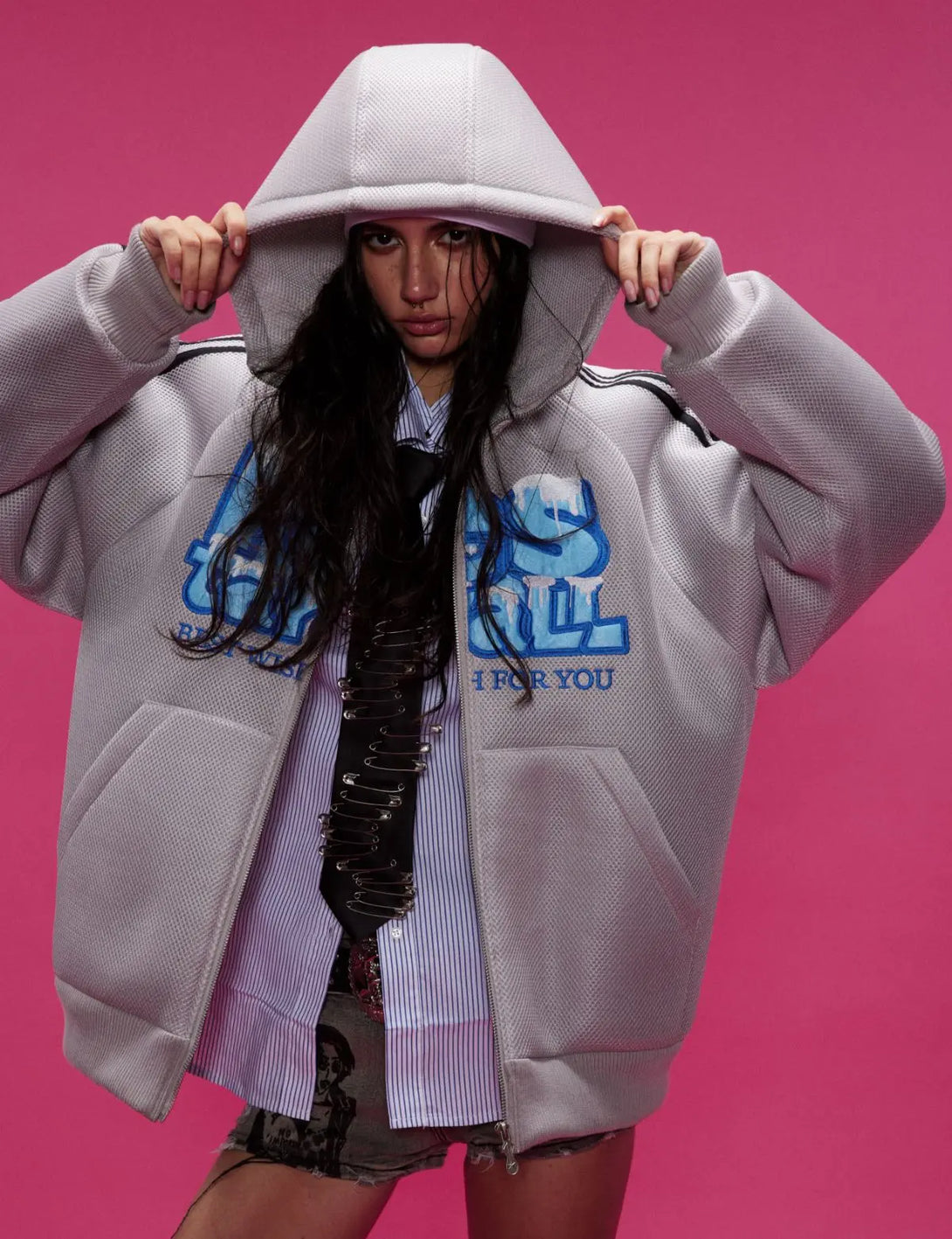 Fullneat Vintage Letter Graphic Zip Up Hoodie 