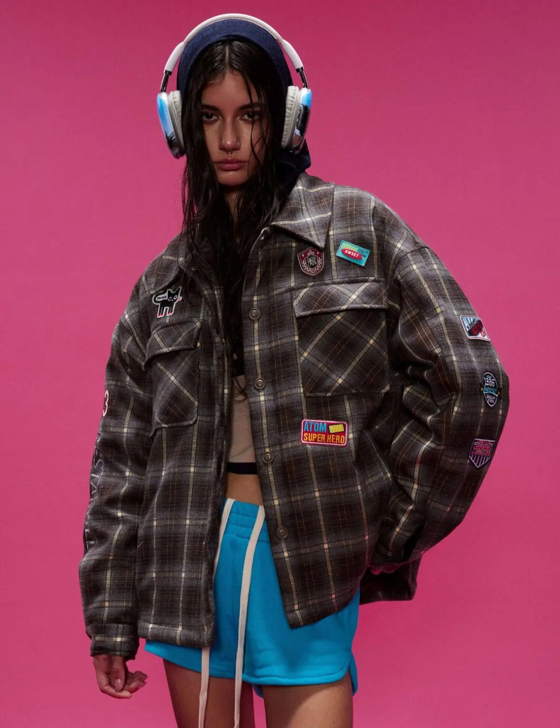 Fullneat Vintage Patchwork Badge Plaid Shirt 