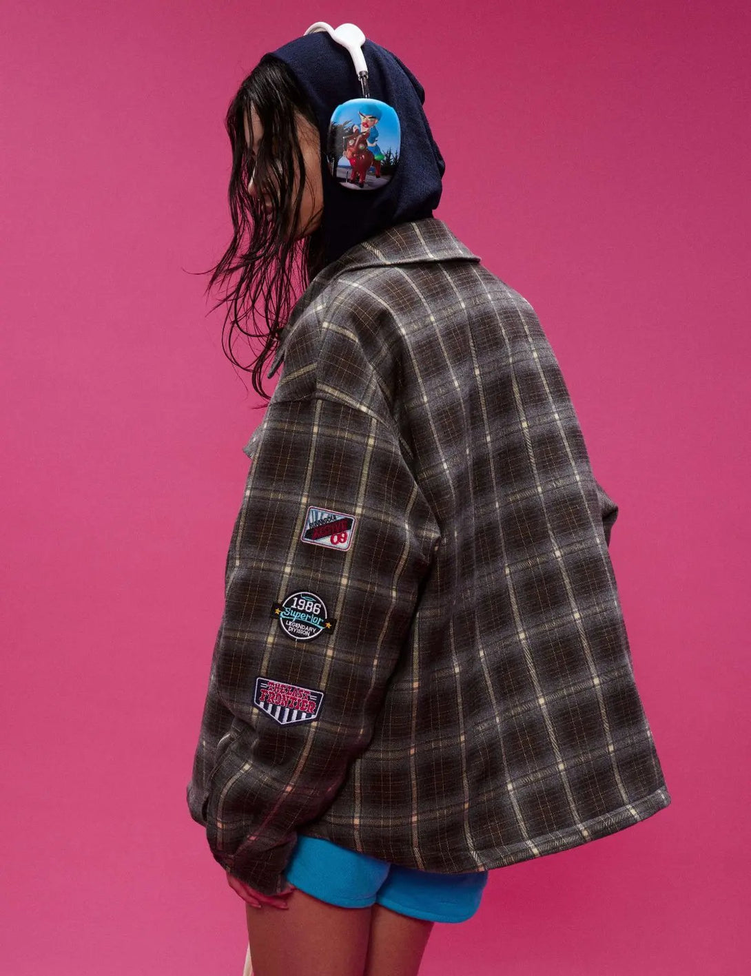 Fullneat Vintage Patchwork Badge Plaid Shirt 