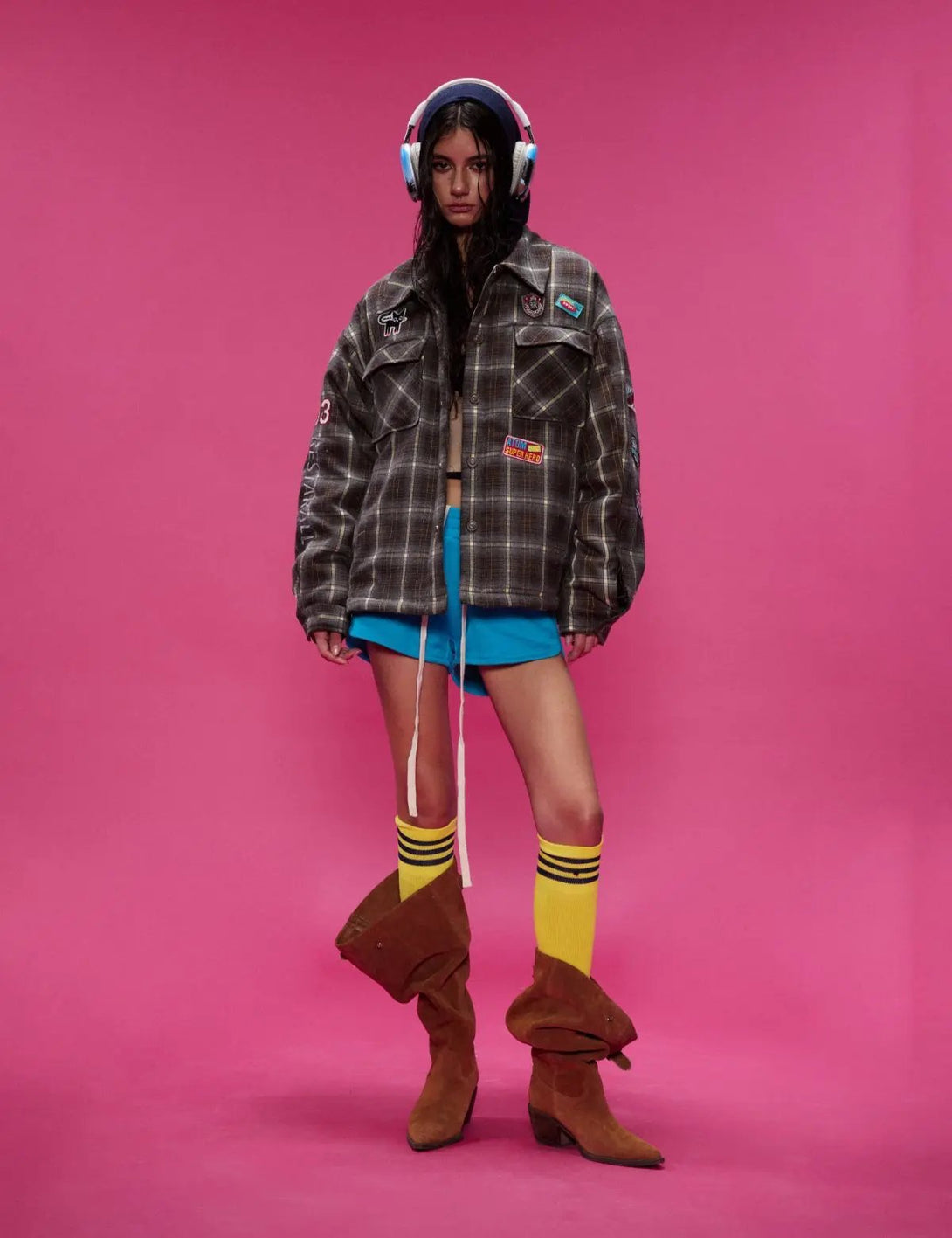 Fullneat Vintage Patchwork Badge Plaid Shirt 