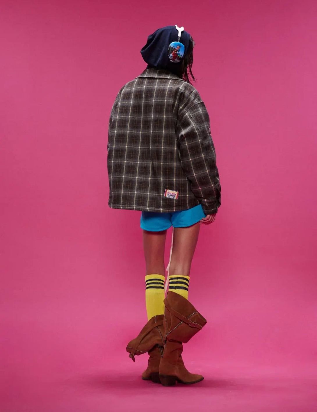 Fullneat Vintage Patchwork Badge Plaid Shirt 