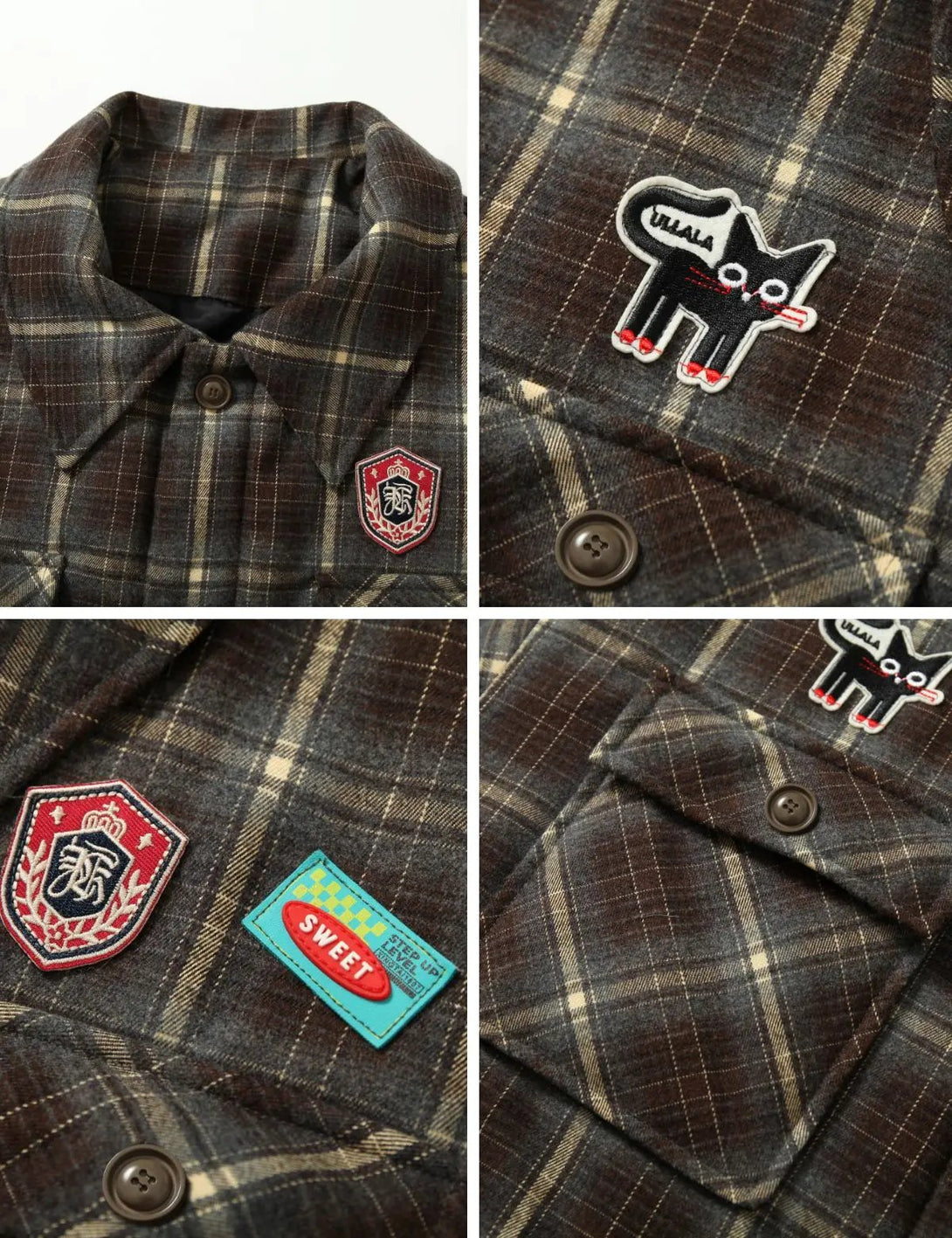 Fullneat Vintage Patchwork Badge Plaid Shirt 