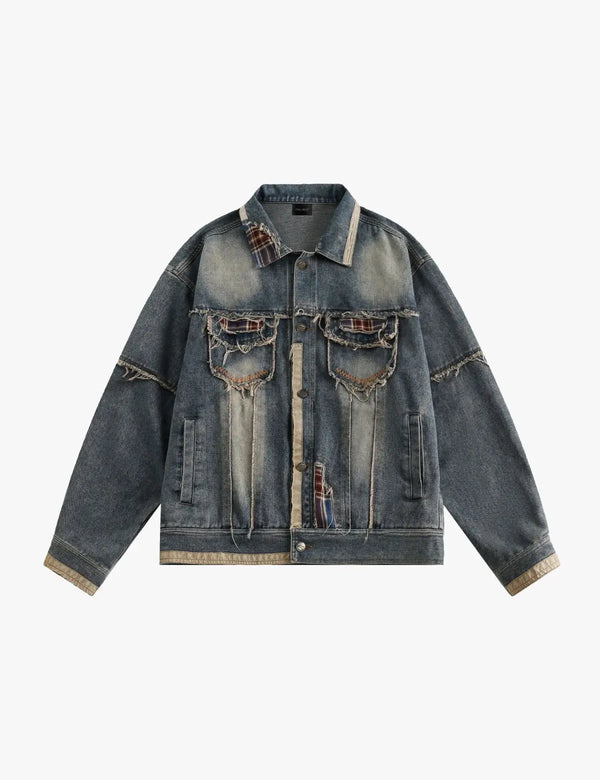 Fullneat Vintage Patchwork Distressed Denim Jacket 