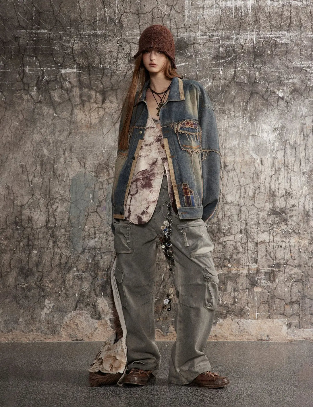 Fullneat Vintage Patchwork Distressed Denim Jacket 