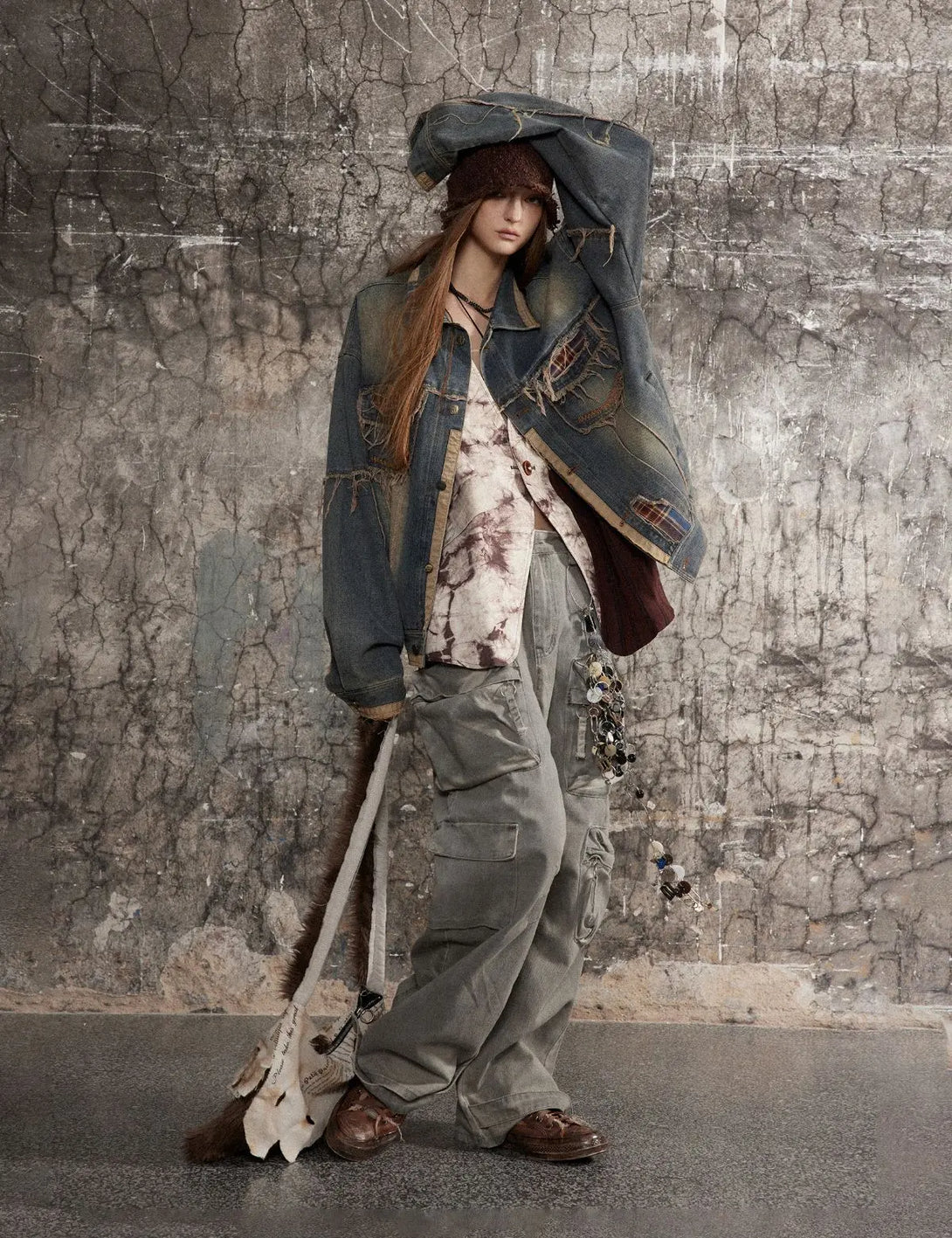 Fullneat Vintage Patchwork Distressed Denim Jacket 