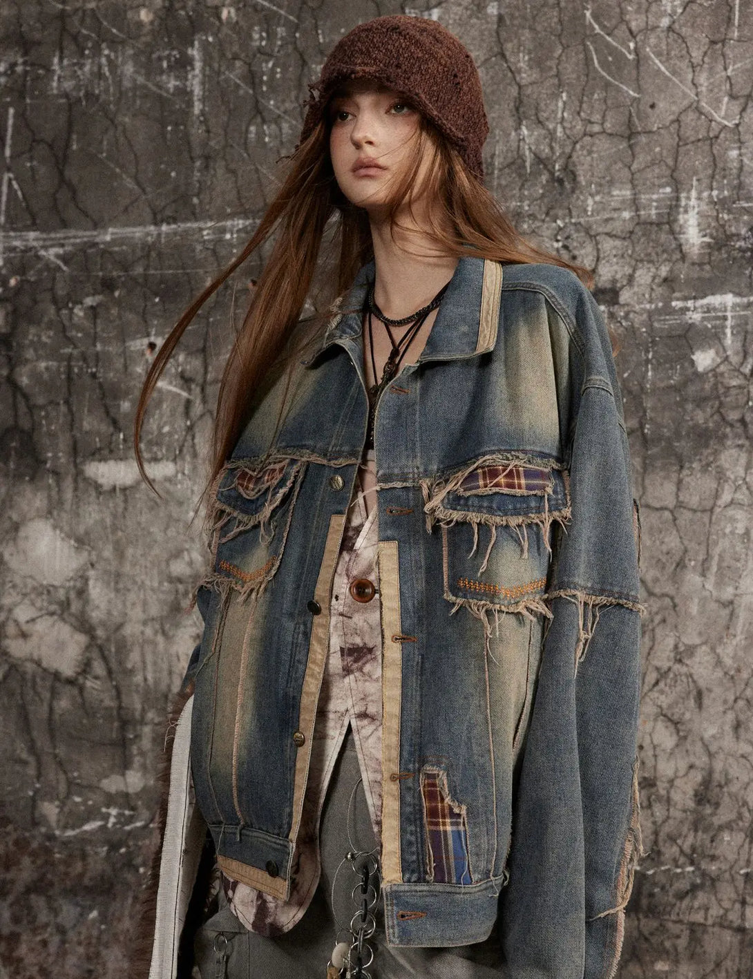 Fullneat Vintage Patchwork Distressed Denim Jacket 