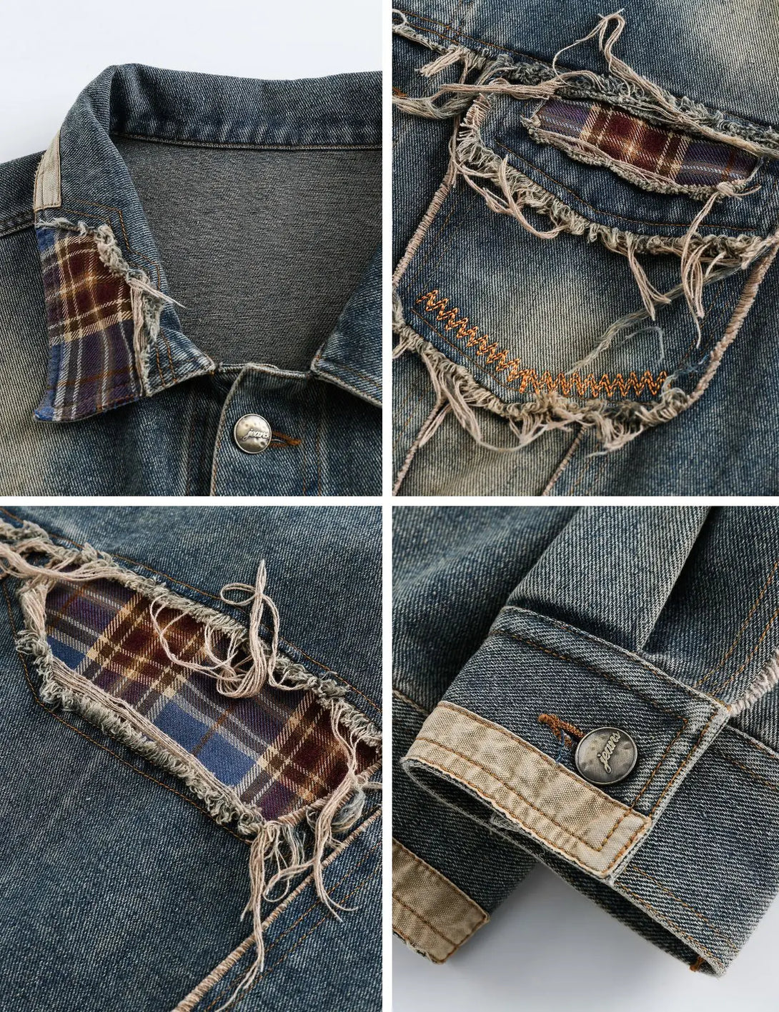 Fullneat Vintage Patchwork Distressed Denim Jacket 