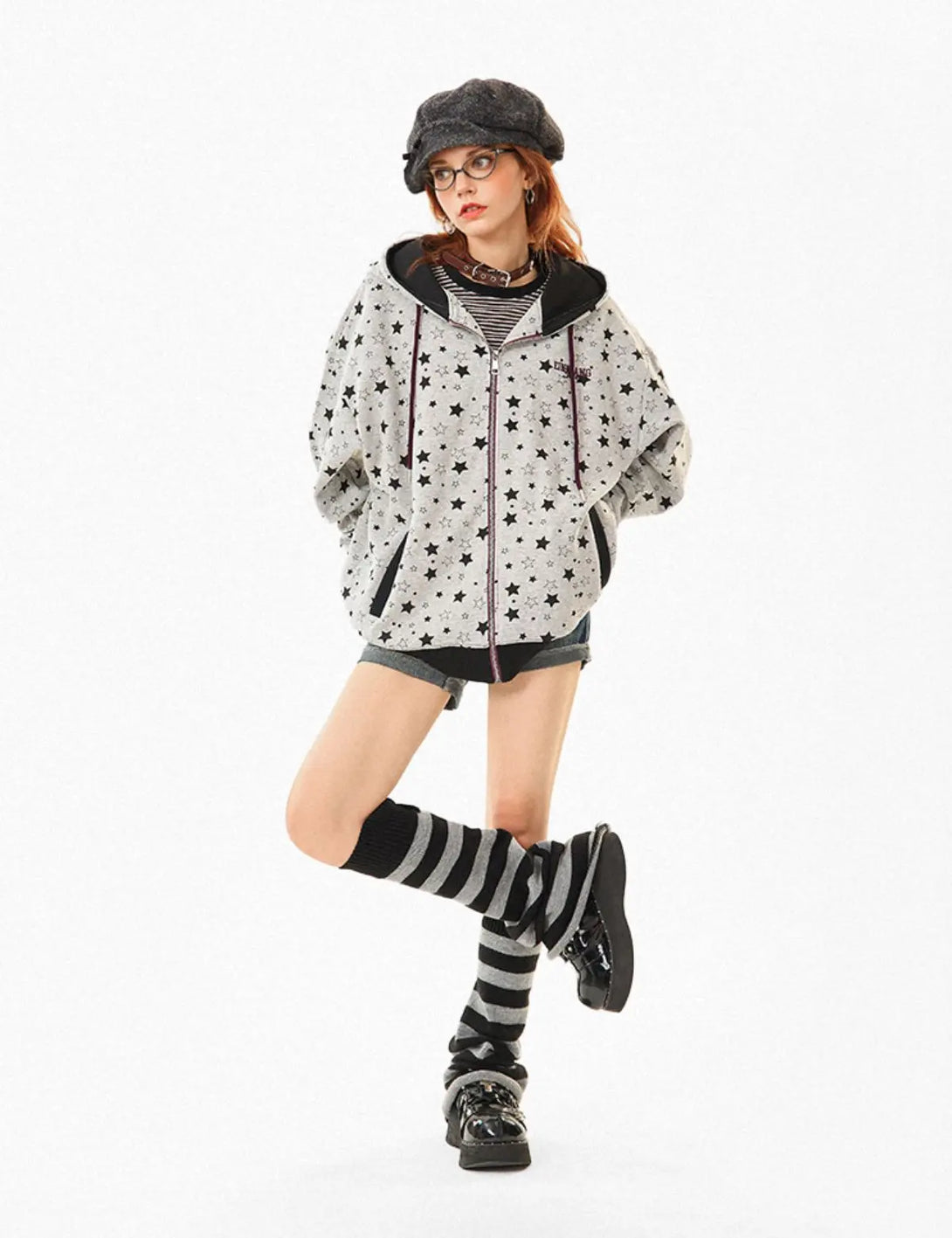 Fullneat Vintage Star Graphic Grey Hoodie - Model Shown