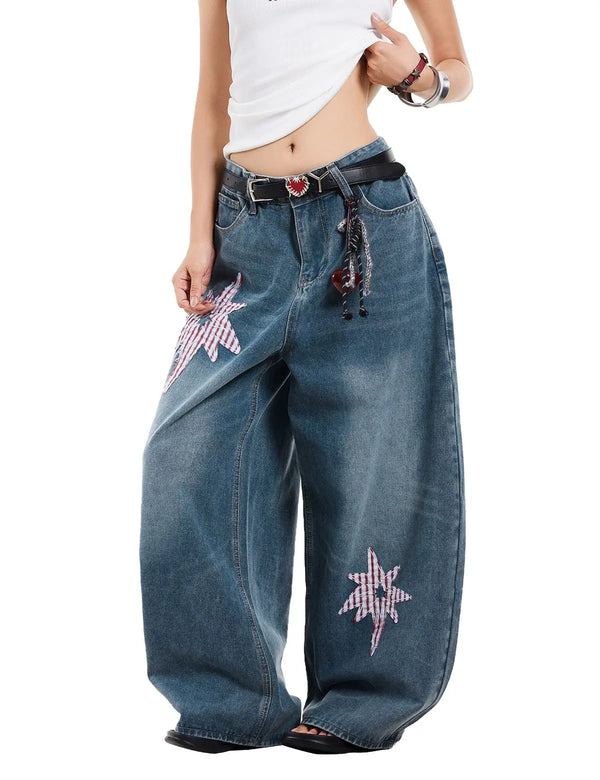 Fullneat Vintage Star Patch Wide Leg Baggy Jeans 