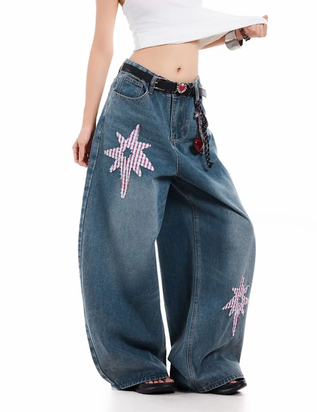 Fullneat Vintage Star Patch Wide Leg Baggy Jeans 