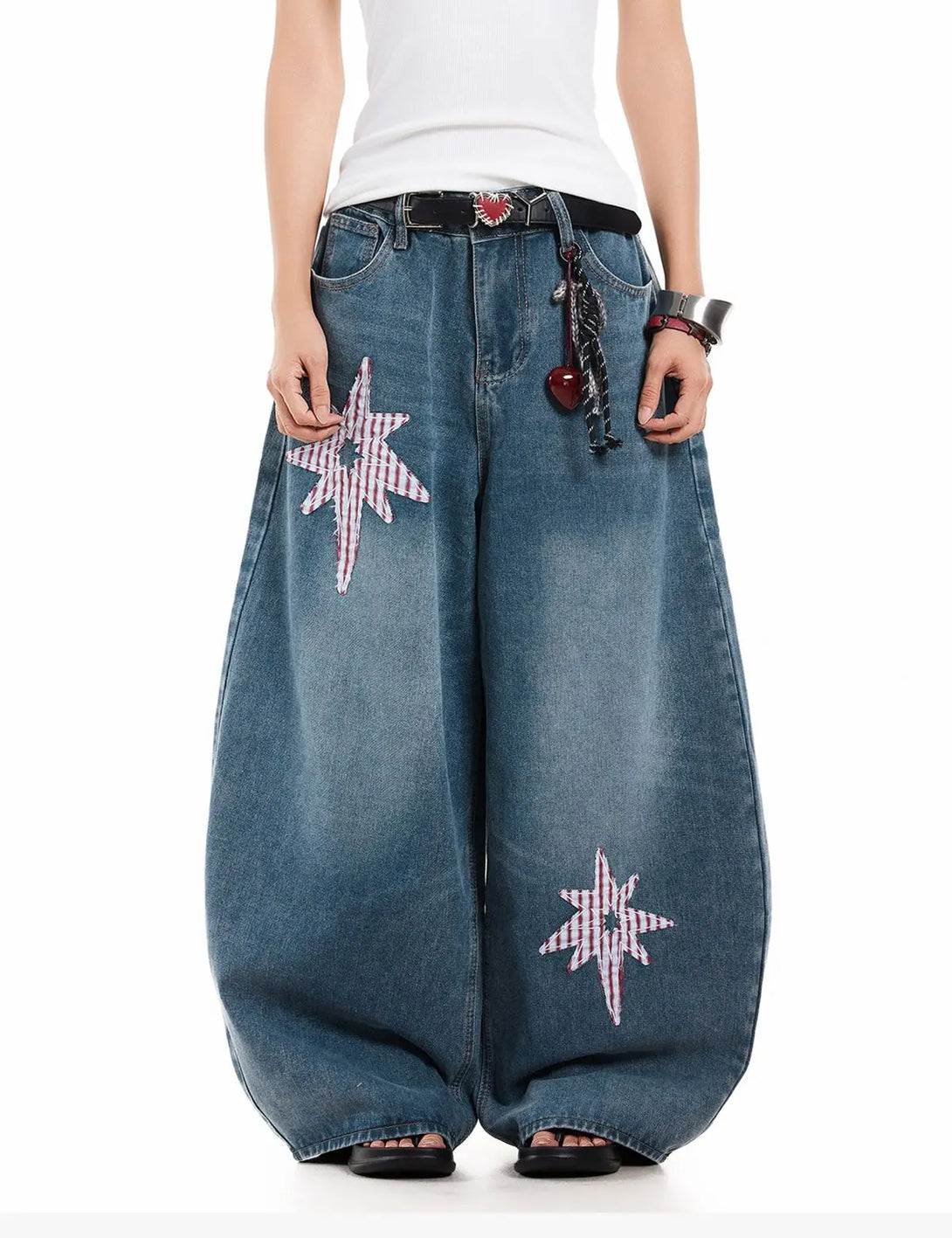 Fullneat Vintage Star Patch Wide Leg Baggy Jeans 