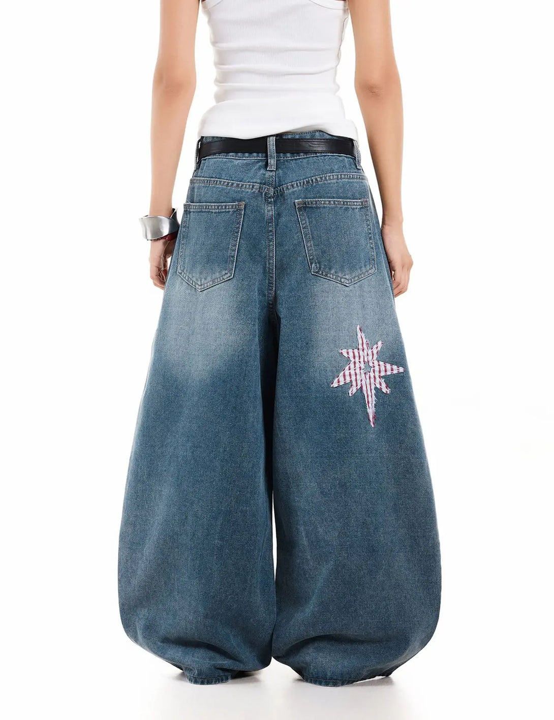 Fullneat Vintage Star Patch Wide Leg Baggy Jeans 
