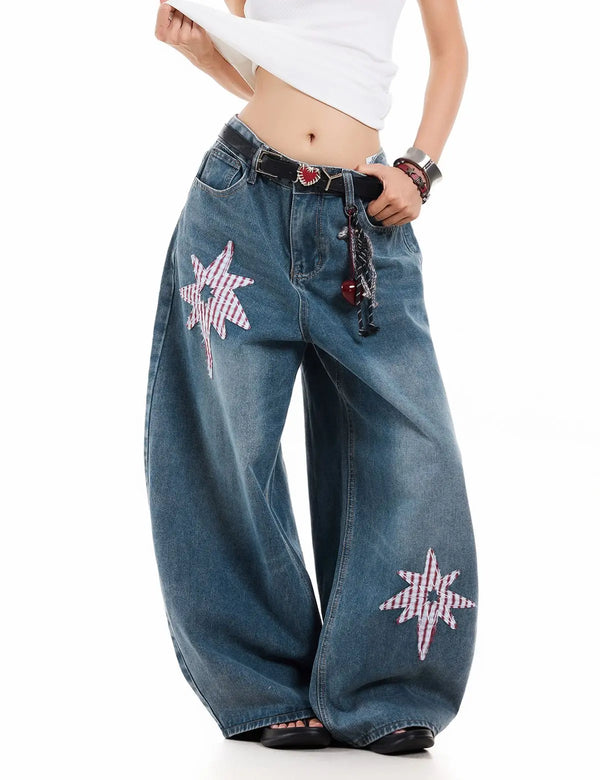 Fullneat Vintage Star Patch Wide Leg Baggy Jeans 