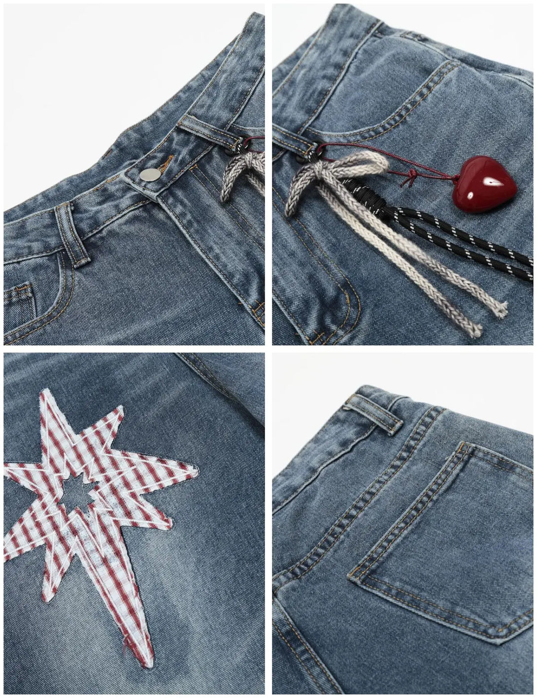 Fullneat Vintage Star Patch Wide Leg Baggy Jeans 